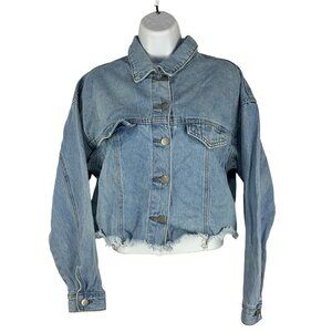 Blue Denim Cropped Womens Jacket With Frayed Hem Size M
